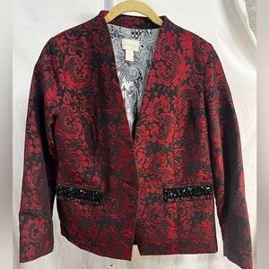Chico's Size 1 M Blazer Brocade Jacquard Black Red Embellished Holiday Jacket